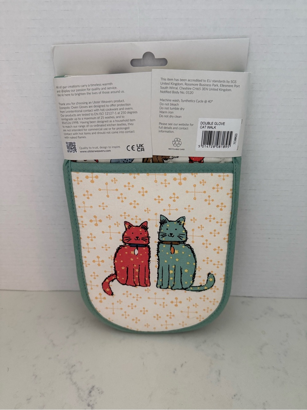 Double Glove Oven Mitt with Teal & Red Cat Design